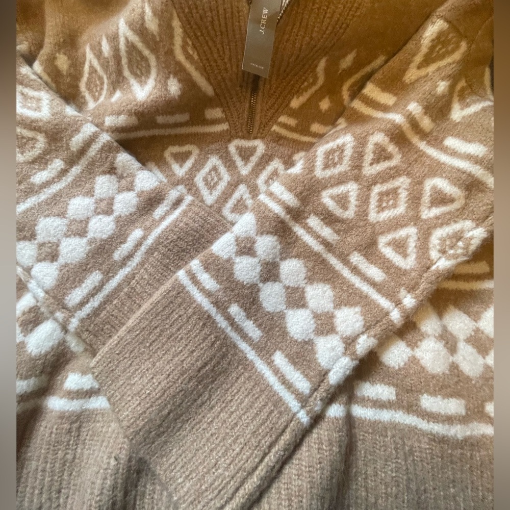 NWT J. Crew Tan and White Patterned Zip Up Sweater
